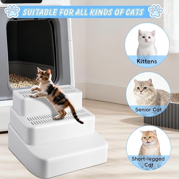Adjustable 3 Steps Litter Box Ramp, Litter Box Step with Filter Function, Easy to Clean Cat Litter Stair Catcher for Older Cats and Small Cats (White)