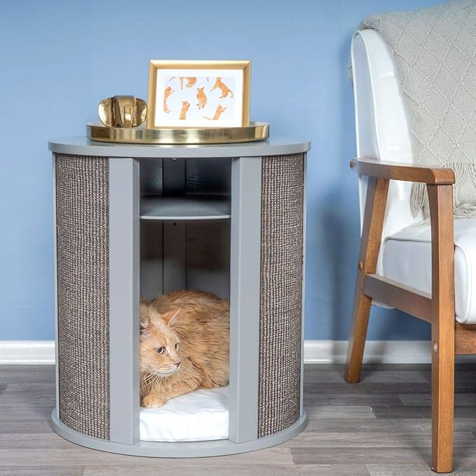 The Refined Feline Purrrrfect End Table Cat Bed Cave in Smoke Gray, Multipurpose Wood Cat Furniture Nightstand, Easy to Clean Covered Cat Bed with Replaceable Scratching Post & Washable Cushion