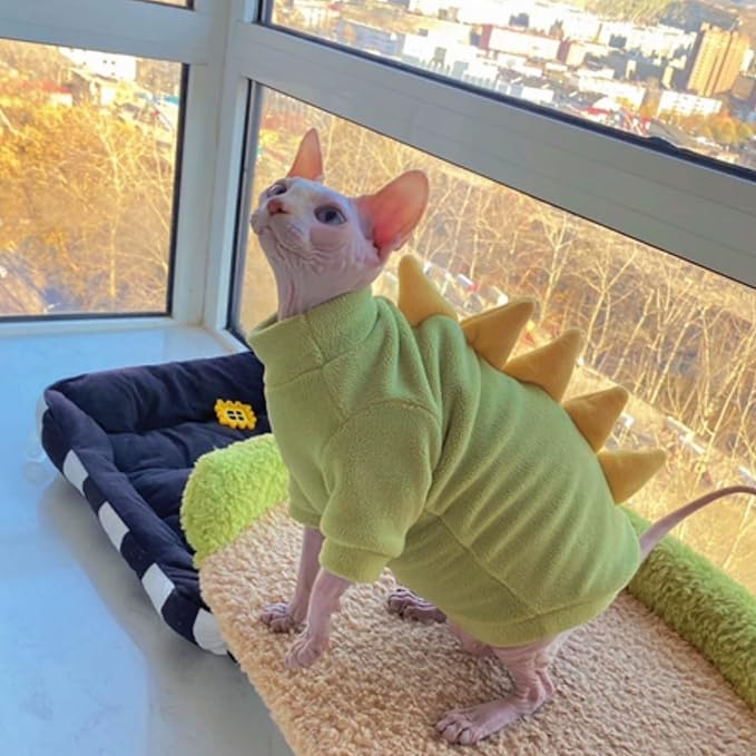 Dinosaur Sphynx Cat Clothes, Soft Polar Fleece Sweater for Cat, Elastic Pet Clothes Thick Winter Warm Outfit for Hairless Cat, Devon, Cornish, Small Dogs Apparel with Sleeves (Green, Medium)