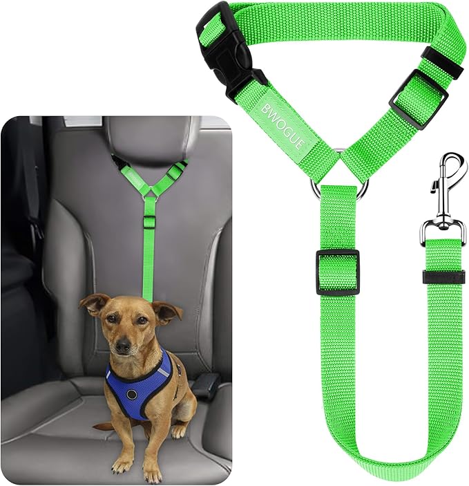 BWOGUE Pet Dog Cat Seat Belts, Car Headrest Restraint Adjustable Safety Leads Vehicle Seatbelt Harness (1 Pack, Green, Not Elastic)