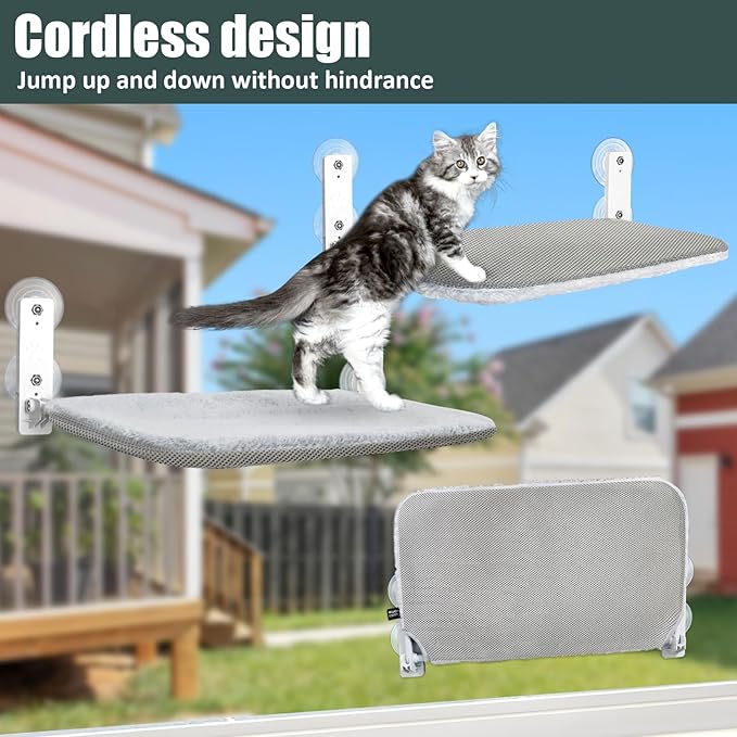 Sunhoo Cat Window Hammock Perch Cordless Perches Window Sill Seat Bed Foldable Stable Lounger Upgraded Suction Cup Easy Assembly Indoor Cats Kitty Shelf Hold Up to 55lbs (Light Gray, M)