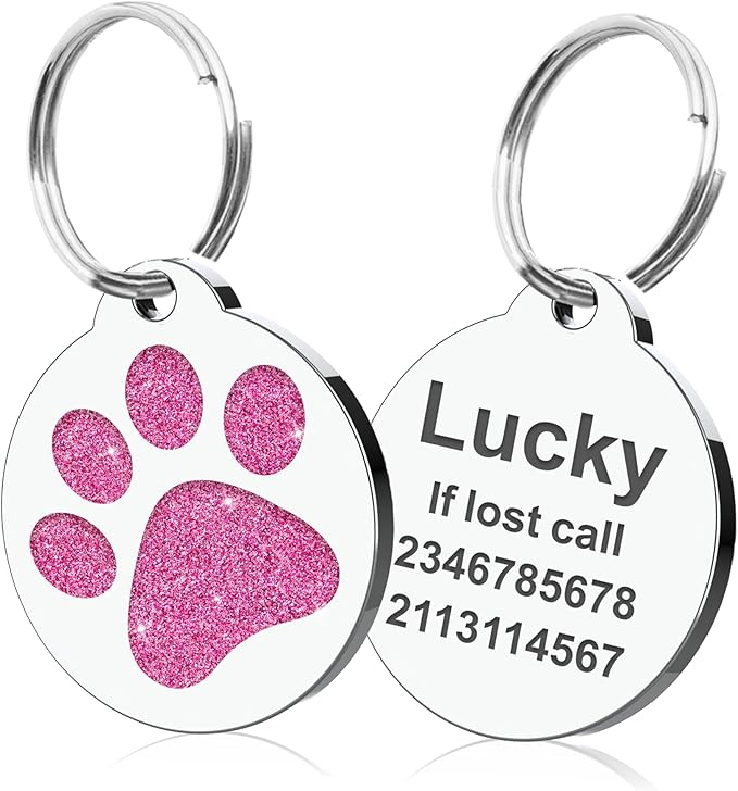 Dog Tags Personalized for Pets Dog Name Tags Personalized Dog Tag Engraved with Any Name & Text Custom Dog ID Tags Glitter Bone ID Tag for Puppy Cat (Pink-Round, S)