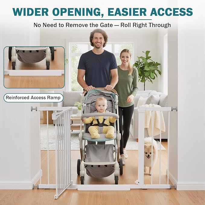 Mumeasy 29.7–48" Baby Gate for Stairs, Dog Gate for Doorways, Auto Close Child Gate, Indoor Safety Pet Gate with Walk Thru Door, Easy Install Pressure Mounted Extra Wide Gate for Kitchen, House,White