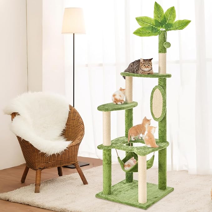 Cat Tree for Indoor Cats, 55 Inch Cat Tower with Rotating Scratching Board, 4 Sisal Posts & Leaf Top Design, Modern Cat Furniture for Multiple Cats (No House), Green