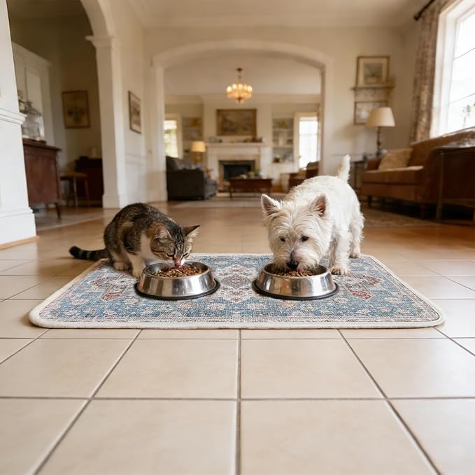 PUPTECK Dog Food Mat, Absorbent Pet Feeding Bowl Mat, Non-Slip Dog Mat for Food and Water, Quick Dry No Stains Cat Placemats Pet Supplies for Messy Drinkers, Blue 12"x20"