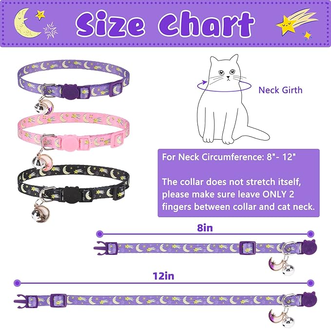 Breakaway Cat Collars with Bell & Cute Pendants, 3 Pack Safety Buckle Kitten Collars, Adjustable Pet Collar Ideal for Girl Boy Cats Puppy (Moon&Star)