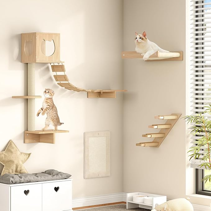 HOOBRO Wood Cat Wall Shelves, Set of 5 Modern Cat Wall Furniture with Corridor, Plush Hammock, Steps, Scratcher and Climbing Shelves for Playing, Sturdy, Durable and Safe, Natural NL45CS03