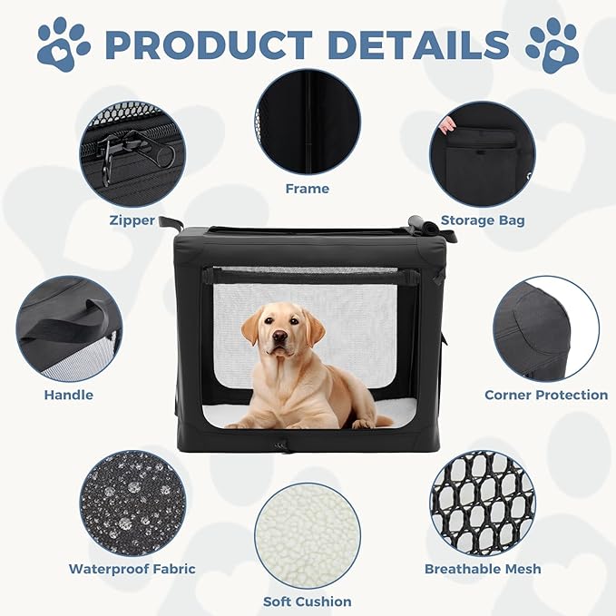 DUMOS Dog Crate 30 Inch Travel Cat Pet Carrier for Small Medium, Portable Foldable Soft Pet Crate with Storage Bag & Washable Pad for Indoor Outdoor Dog Kennel Carrier (M-50lbs, Black)