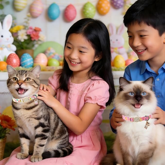 Cat Collar,2Pack Easter Day Cat Collars Cute Breakaway Kitty Collars,Spring Pink Easter Eggs Cat Collar with Bell, Cute Bunny Kitten Collars with Safety Buckle for Girl & Boy Cats