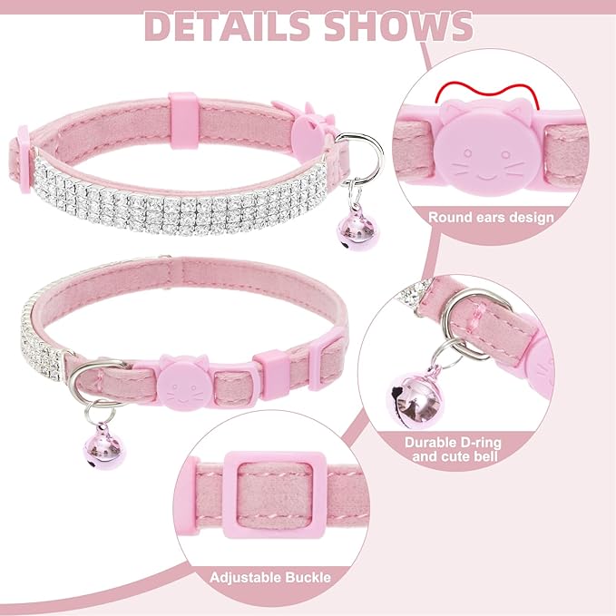 EXPAWLORER Soft Velvet Safe Cat Collars for Girl Cats - Rhinestones Adjustable Collars Breakaway- Chirstmas Cat Clollar Gifts with Bells for Boy Cats Kitty and Small Dogs(XS,Pink)