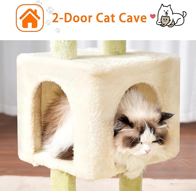 Heybly Cat Tree, 39.4 Inches Tower Condo with Scratching Post, Cat Tower for Indoor Cats, Fully Wrapped Sisal Pole, Soft Platform, 2 Baskets and Dangling Toy, Green and Beige HCT006SGM