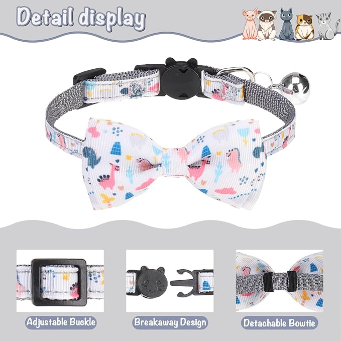 Breakaway Cat Collar with Removable Bow Tie and Bell, Cute Multi-Style Patterns, 3 Pack Safety Buckle Kitten Collars, Adjustable Pet Collar for Boy Cats Puppy (Gray)
