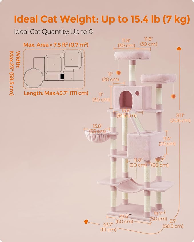 Feandrea Cat Tree, 81.1-Inch Large Cat Tower, Multi-Level Plush Condo with 13 Scratching Posts, 2 Perches, 2 Caves, Basket, Hammock, Pompoms, Jelly Pink UPCT190P01