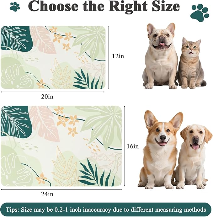 Topotdor Boho Dog Food Mat - Absorbent Quick-Dry Cat Bowl Mat for Food and Water, Non-Slip Pet Feeding Placemat for Messy Drinkers Dog Accessories Pet Supplies, 12"x20", Green