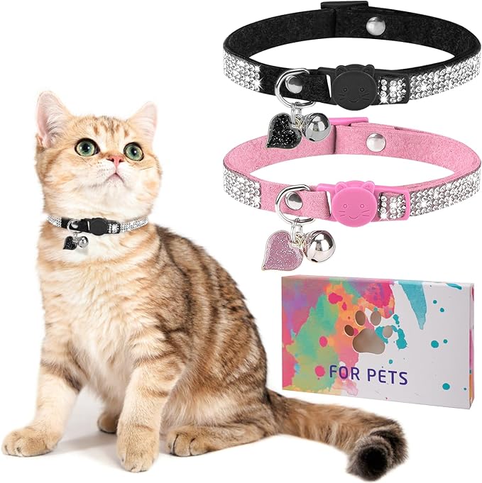 Rhinestone Cat Collar Breakaway with Bell, Diamond Cat Collar with Safety Buckle Quick Release for Girl Boy Small Kitten Pets Puppy,Cute Soft Female Male Cat Collars, Color Pink & Black 7-9"
