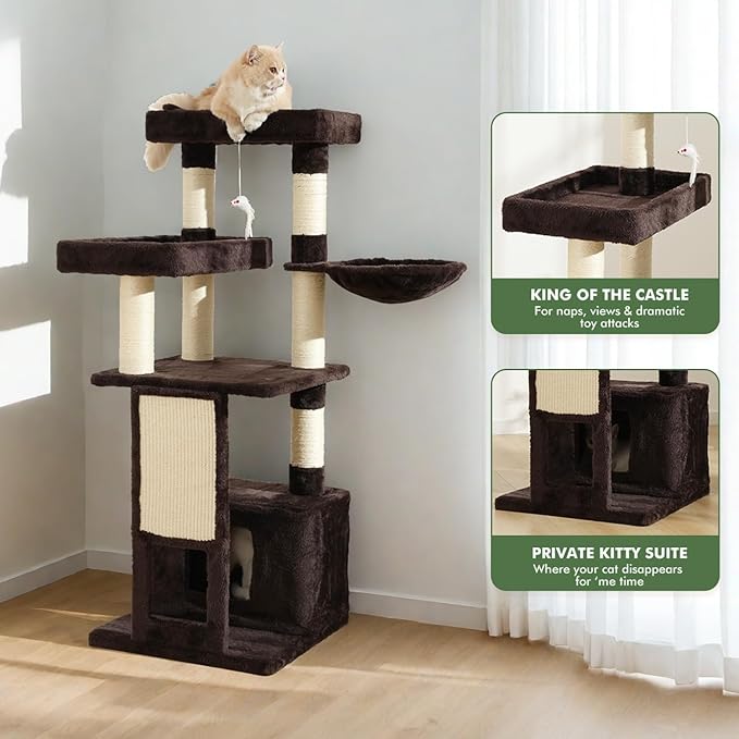 Cat Tree, 50.31-Inch Cat Tower for Indoor Cats, Cat House with Padded Platform Bed, Toy Mouse Ball, Large Cozy Condo, Hammocks and Sisal Scratching Posts for Kittens Play, Brown