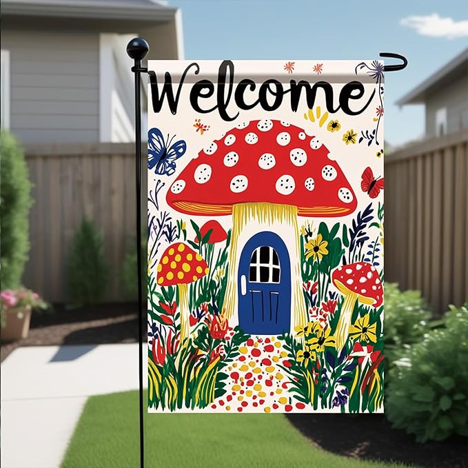 Mushroom House Garden Flag 12x18 Inch Welcome Yard Banner Whimsical Fairy Tale Style Double Sided Outdoor Decoration for Porch Lawn Patio Spring Summer Seasonal Garden Decor