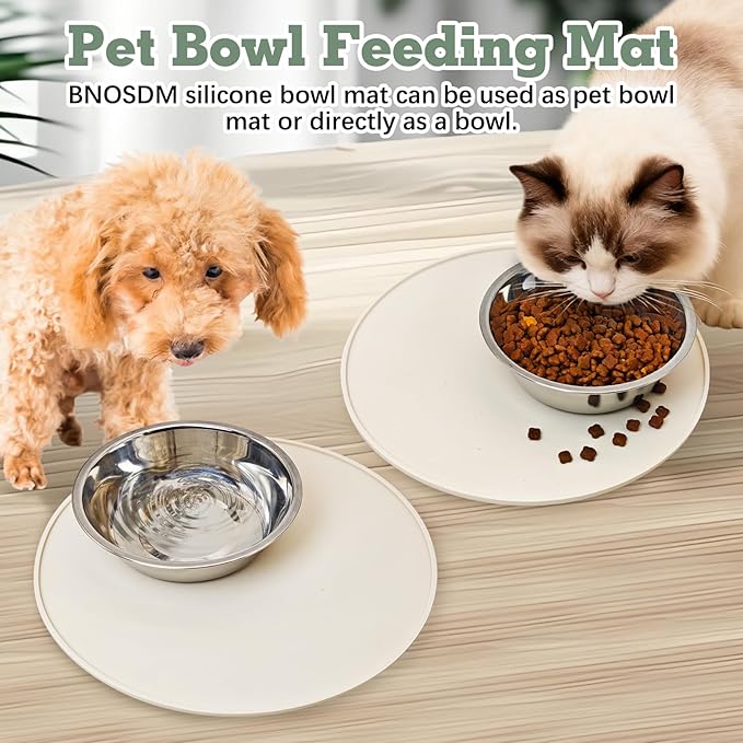 BNOSDM Silicone Cat Feeding Mat 2 Pack Dog Bowl Mats Pet Silicone Food Mat for Food and Water Nonslip Waterproof Feed Mats Round Eating Plate for Small and Medium Cats and Dogs (Beige)