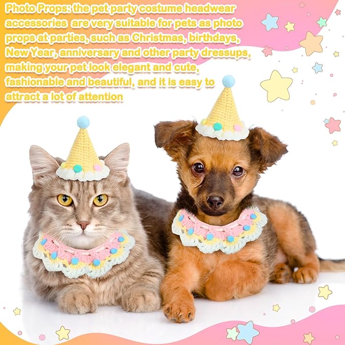 Sanwuta 2 Pcs Cat Birthday Party Supplies, Knit Cat Hat Kitten Birthday Bib Knit Bandana Pet Party Costume Headwear Accessories for Puppy Kitten Small Dogs Animals (Cream Yellow)