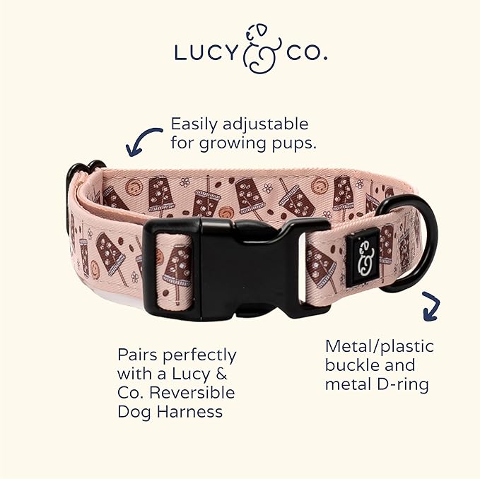 Lucy & Co. Dog Collar - Durable Lightweight Designer Collar for Pets - Adjustable Metal Safety Buckel. (Iced Coffee SZN Collar).