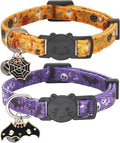 Halloween Cat Collar, Cotton 2 Pack Cat Collar with Bells, Breakaway Collars for Girl Boy Cats Kittens, Halloween Purple