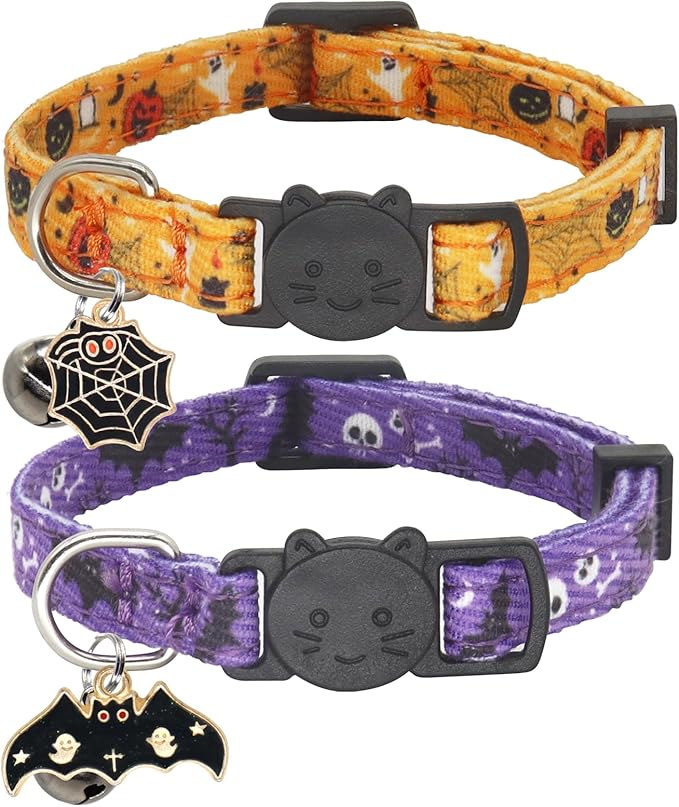 Halloween Cat Collar, Cotton 2 Pack Cat Collar with Bells, Breakaway Collars for Girl Boy Cats Kittens, Halloween Purple