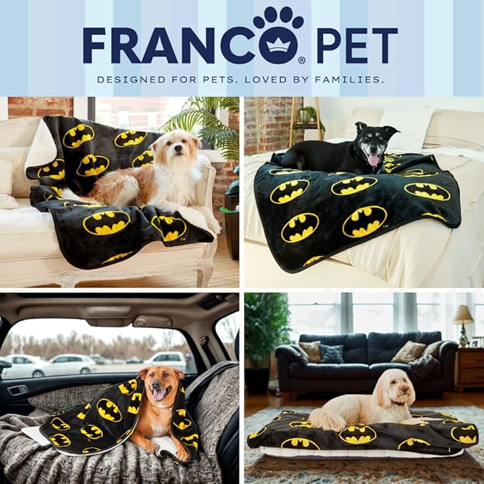 Franco Pet Batman DC Comics Bat Shield Logo Super Soft Cozy Waterproof Sherpa-Backed Blanket Throw for Medium Dogs, Couch/Bed/Car, 40x50 (Officially Licensed Product)