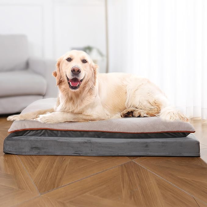 Amazon Basics Washable Dog Bed with Cooling Gel Memory Foam, Pressure-Relief Support for Dogs up to 120lbs, Non-Slip Bottom, Removable Cover, Giant Sized (48" x 36"), Grey