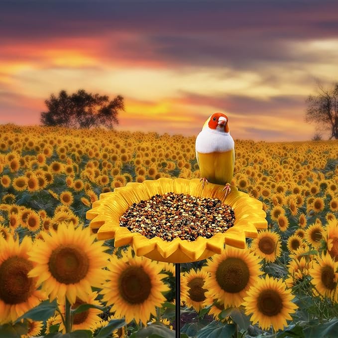 MIXXIDEA Sunflower Bird Feeder Baths for Outdoors Small Stick into Ground Cute Tray Feeders for Outdoor Garden Decoration Baths for Bird Lovers