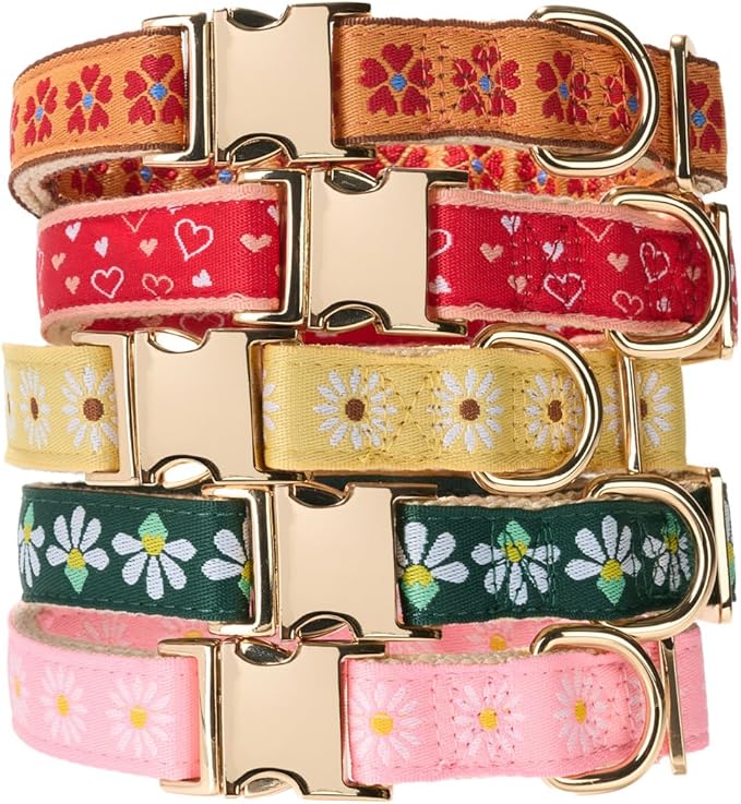 Woven Dog Collar with Metal Buckle Adjustable Jacquard Retro Dog Collars for Small Medium Large Dogs(Pink Daisy,S)