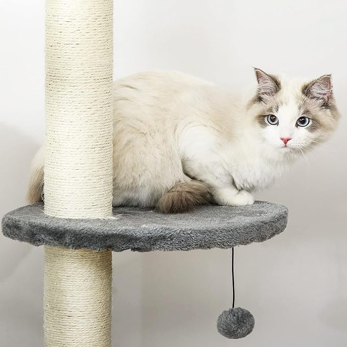 PawHut 85.5" Cat Tree Height Adjustable Floor-to-Ceiling 4-Tier Kitty Climbing Activity Center Condo Cat Toy with Scratching Post Hanging Balls Play Rest Post Pet Furniture Grey
