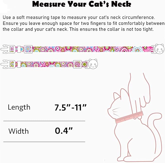 2 Pack Cotton Breakaway Cat Collars Set with Bell and Flower Pendant, Cute Floral Fruit Patterned, Adjustable 7.5-11Inch, Include A Mouse Toy Gift (Flower+Geometry)