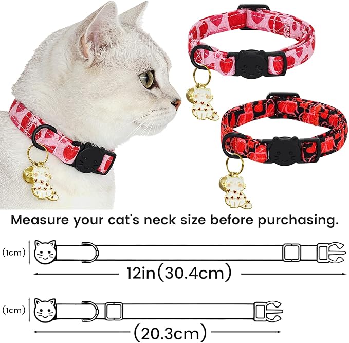 Elegant little tail 2 Pack Cat Collar- Valentines Cat Collars Breakaway with Bell Pendant Wedding Kitten Boy Girl Safety Adjustable 7-12 Inch Collar for Small Cats Puppy