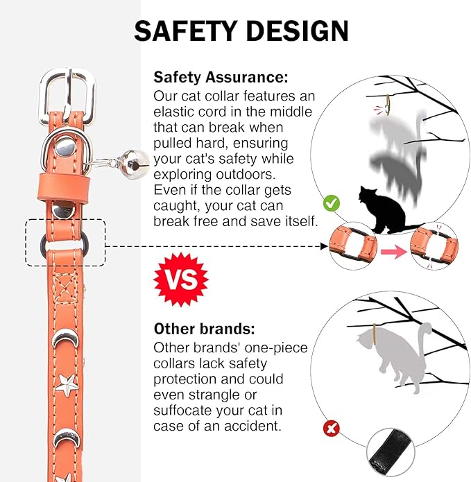 Leather Cat Collars for Boy Girl Cats with Bell and Safety Elastic Belt, Personalized Star and Moon Stud Adjustable Safe Buckle Collar for Kitty Small Big Cats Size 7-9 Inch, Orange