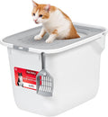 IRIS USA Cat Litter Box, Large Cat Box Enclosure, Top Entry with Litter Catching Lid, Enclosed with Scoop, White/Gray