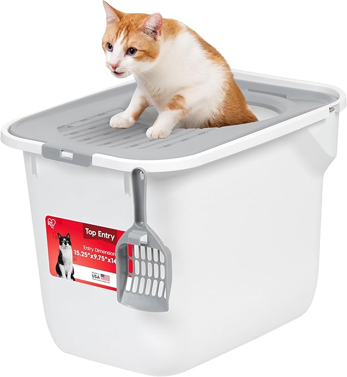 IRIS USA Cat Litter Box, Large Cat Box Enclosure, Top Entry with Litter Catching Lid, Enclosed with Scoop, White/Gray
