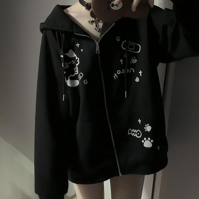 Womens Y2K Zip Up Cute Graphic Hoodies Cat Ears Casual Cartoon Harajuku Kawaii Clothes Oversize Streetwear Jacket