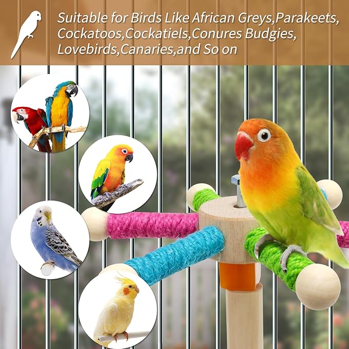 Bird Perch Toy for Cage,Spinning Windmill Bird Perch Toy,360° Rotating Chewable Stand with Grinding Sticks,Interactive Cage/Tabletop Training Toy for Parakeets,Cockatiels,Lovebirds (Mixcolor, Round)