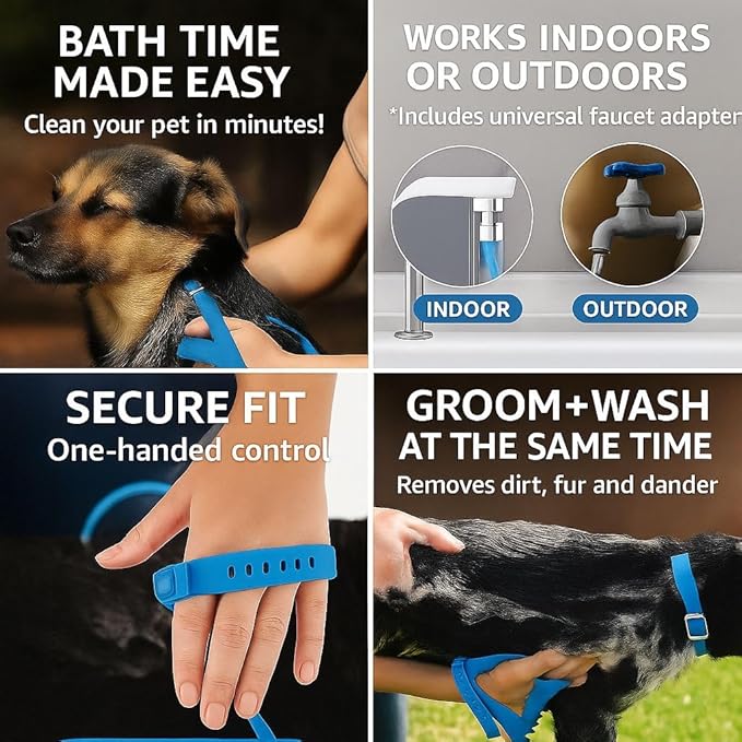 Dog Shower & Grooming Glove – 2-in-1 Pet Bathing Tool with Hose & Faucet Adapters – Indoor/Outdoor Sprayer for Dogs & Cats