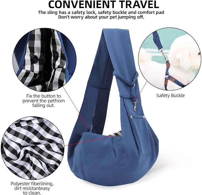 Dog Carrier Sling - Reversible Puppy Carrier Purse with Storage Pocket, Hand-Free Dog Sling Carrier for Carry Small Dogs and Cats, Travel Safety Harness, Dog and Cat Harness(Blue)