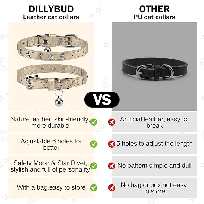 Leather Cat Collars for Boy Girl Cats with Bell and Safety Elastic Belt, Personalized Star and Moon Stud Adjustable Safe Buckle Collar for Kitty Small Big Cats Size 8-12 Inch, Gold