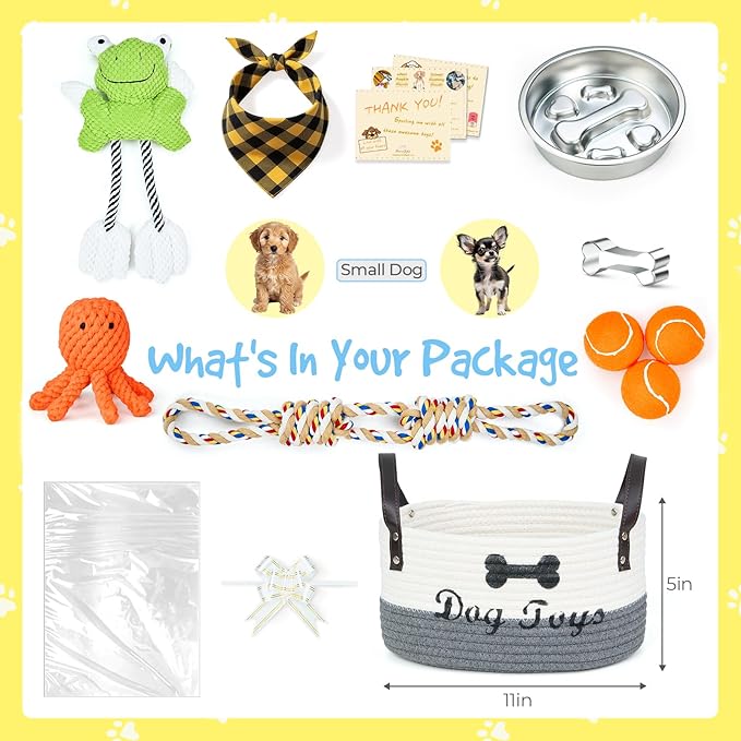 14Pcs New Puppy Gift Basket, Complete Premium Welcome Puppy Starter Kit and Dog Gift Basket with Dog Toys Bundle, Pet Essentials for New Owners, Perfect Dog Birthday Set for Small to Medium Breeds
