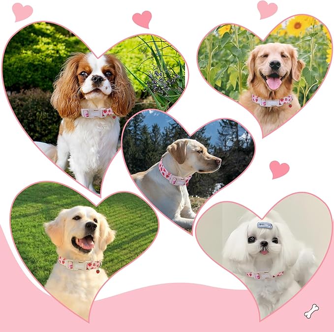 Pink Dog Collar for Small Dogs, Cute Dog Collars Girl Puppy Collar with Strawberry Pattern, Adjustable Cotton Pink Collar Ideal, Daily Photos & Pet Fashion