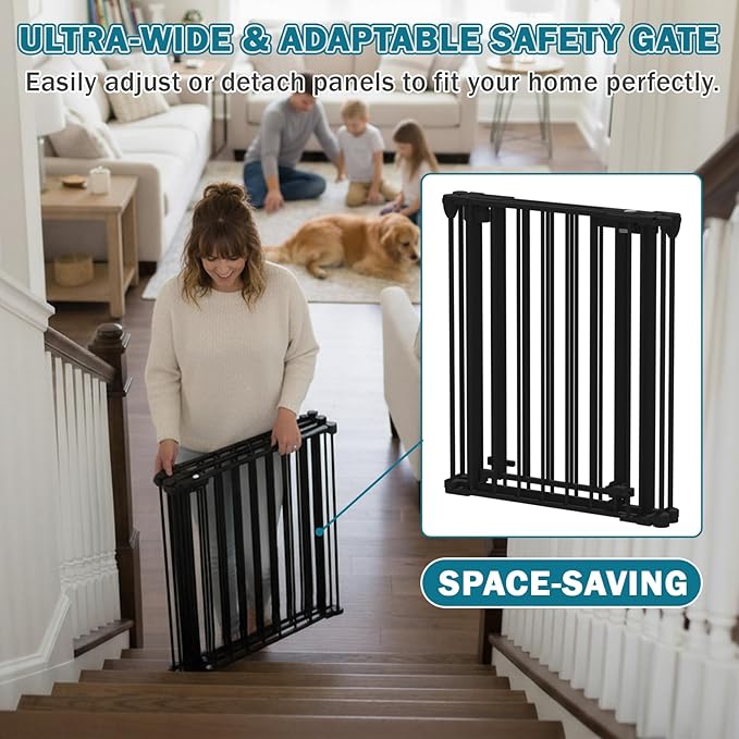 Mumeasy 80" Extra Wide Baby Gate for Doorways, Stairs & Fireplace, Auto Close Dog & Pet Gate with Walk Thru Door, 3 Metal Panels, Hardware Mounted Child Safety Fence for House, Indoor/Outdoor, Black