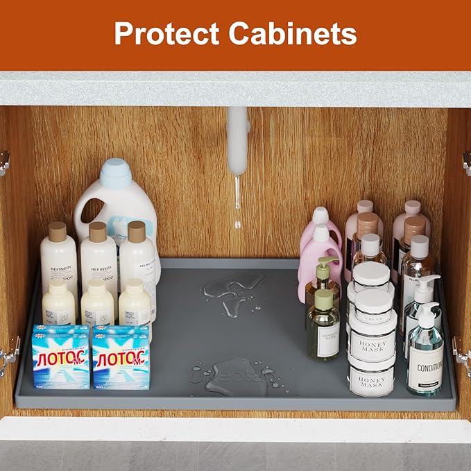 22" x 19" Extra Thick Waterproof Silicone Mat with Raised Edge, Under Sink Mat for Kitchen & Bathroom, Kitchen Cabinet Liner, Multi-Purpose for Storage & Protection, Gray