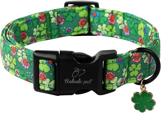 St Patricks Day Dog Collar for Medium Dogs - Lucky Flower Shamrock Green Dog Collars, Cute Irish Clover Puppy Collar with Quick Release Buckle for Girls&Boys Dogs M