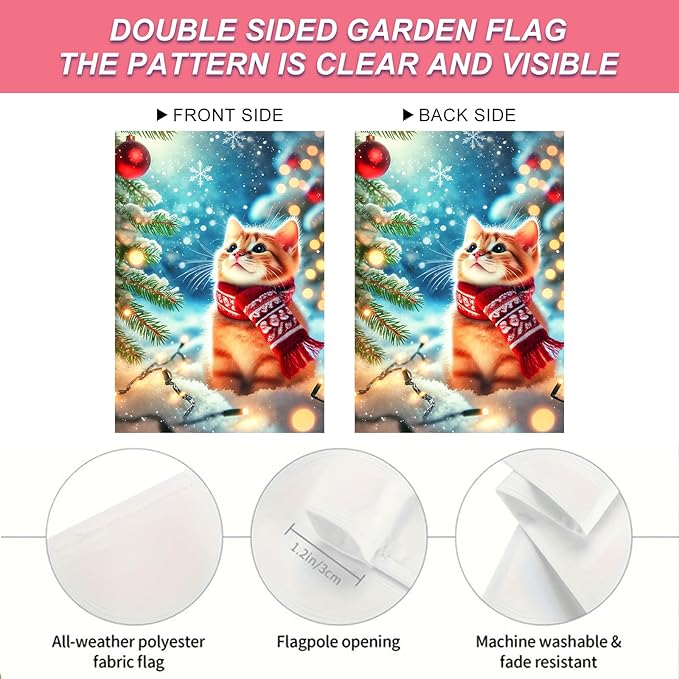 Christmas Garden Flag Winter Flag Cute Kitten Scarf Snow Scene Outdoor Yard Decor 12x18 Inch Double Sided Banner For Front Yard Porch Lawn Patio Seasonal Home Decoration Festive