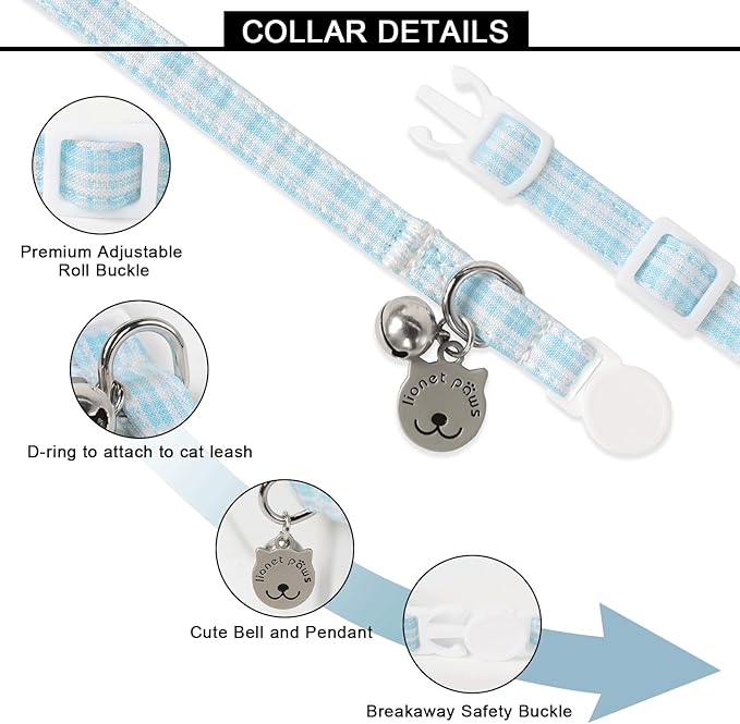 Lionet Paws 2pcs Pack Cotton Cat Collar,Breakaway Buckle with Green Blue Grid and Brand Pendant Cute Adjustable Cat Kitten Collar,Ideal for Girl Cats Boy Cats