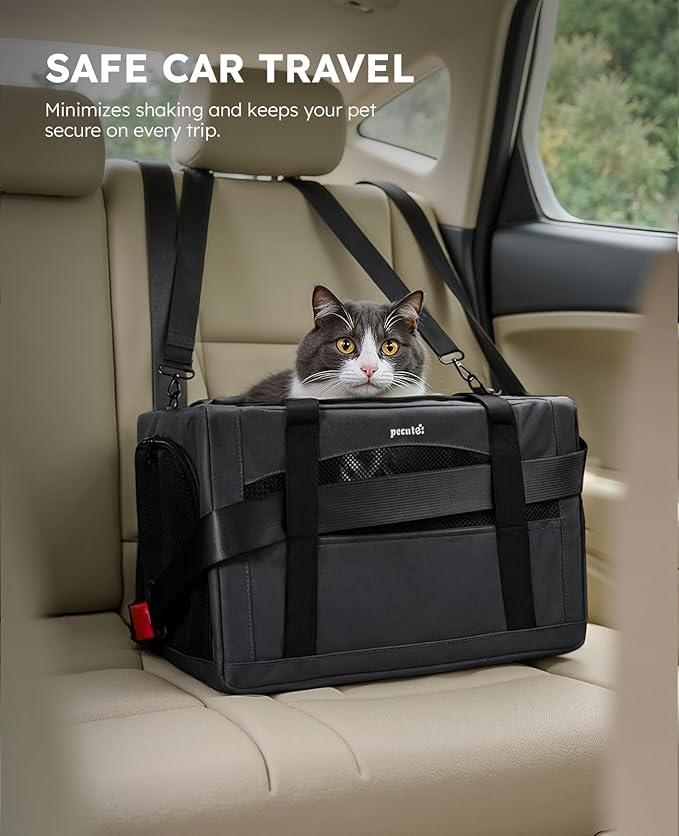 Pecute Cat Carrier Stable, Pet Carrier with Hidden Anxiety Relief Partition & Stable Steel Frame, Safe Cat Carrier for Car Travel, Soft-Sided Dog/Cat Carrier Bag for Pets Up to 11lbs, Dark Gray