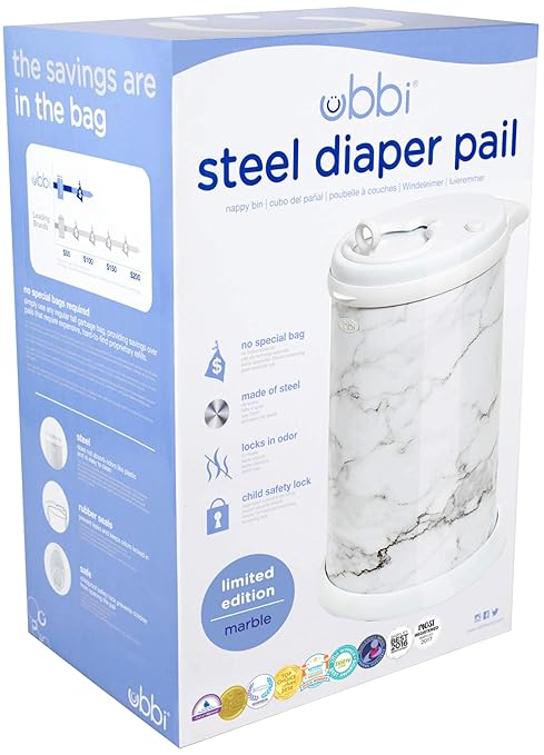 Ubbi Steel Diaper Pail, Odor Locking, No Special Bag Required, Award-Winning, Registry Must-Have, Marble